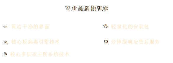 文本框: 專業(yè)品質的繼承
&, #1;, 3;, &#, 10;, ;F,  簡潔干凈的界面                I 輕量化的安裝包

@ 核心反病毒引擎技術               J 分鐘級響應售后服務

C 核心多層次主防系統(tǒng)技術
