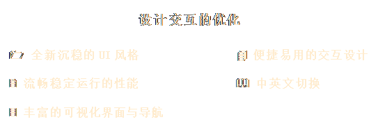 文本框: 設計交互的優(yōu)化

1 全新沉穩(wěn)的UI風格              4 便捷易用的交互設計 

2 流暢穩(wěn)定運行的性能              & 中英文切換 

3 豐富的可視化界面與導航
